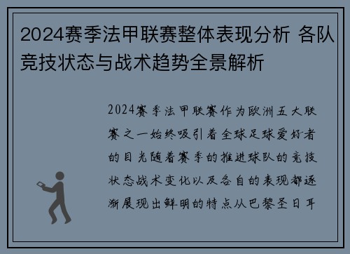 2024赛季法甲联赛整体表现分析 各队竞技状态与战术趋势全景解析