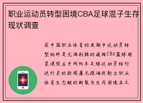 职业运动员转型困境CBA足球混子生存现状调查