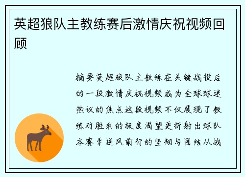 英超狼队主教练赛后激情庆祝视频回顾